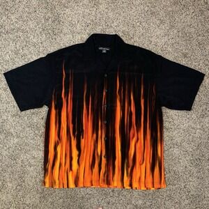 No Boundaries Shirt Mens Large Y2K Button Bowling Black Orange Flame Fire